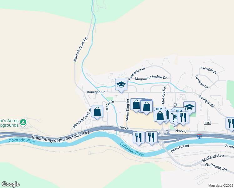 map of restaurants, bars, coffee shops, grocery stores, and more near 195 Center Drive in Glenwood Springs