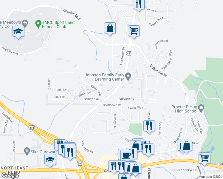 map of restaurants, bars, coffee shops, grocery stores, and more near 3810 East Leonesio Drive in Reno