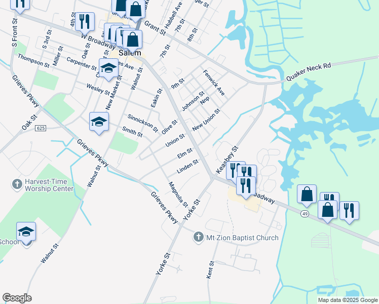 map of restaurants, bars, coffee shops, grocery stores, and more near 6 Elm Street in Salem