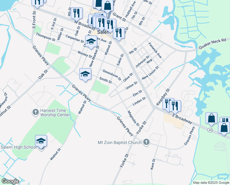 map of restaurants, bars, coffee shops, grocery stores, and more near 73 Union Street in Salem