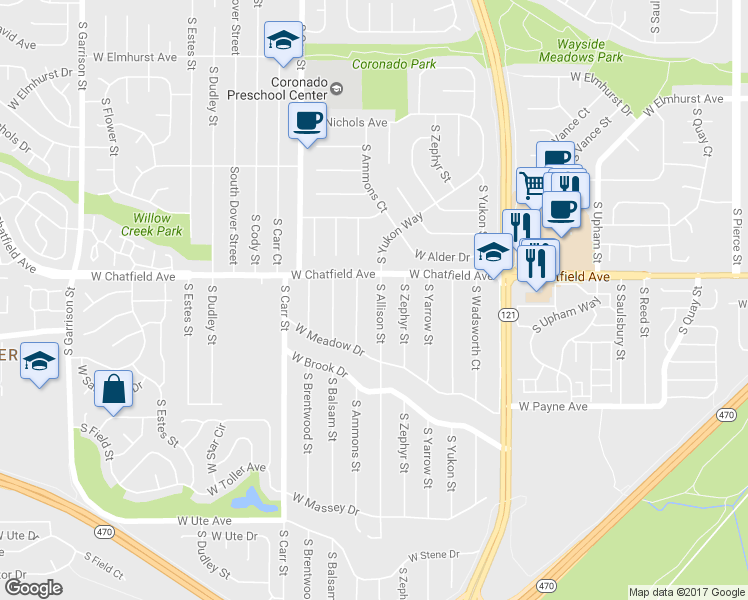 map of restaurants, bars, coffee shops, grocery stores, and more near 8349 South Allison Street in Littleton