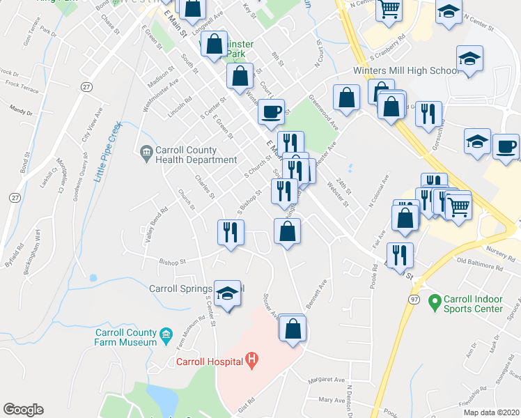 map of restaurants, bars, coffee shops, grocery stores, and more near 24 Carroll View Avenue in Westminster
