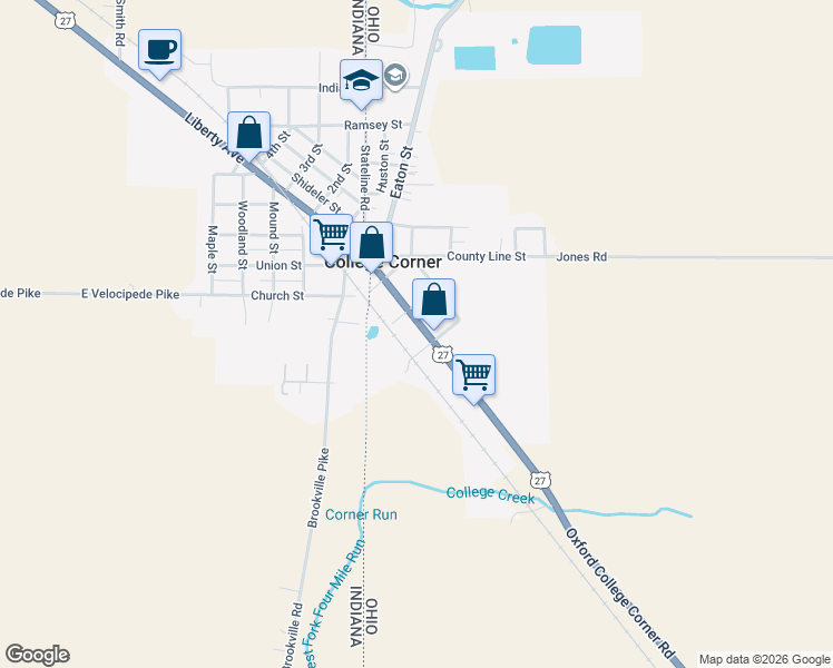 map of restaurants, bars, coffee shops, grocery stores, and more near 213 Main Street in College Corner