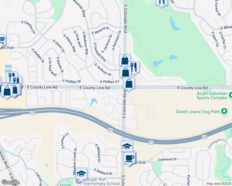 map of restaurants, bars, coffee shops, grocery stores, and more near 8312 Pebble Creek Way in Littleton