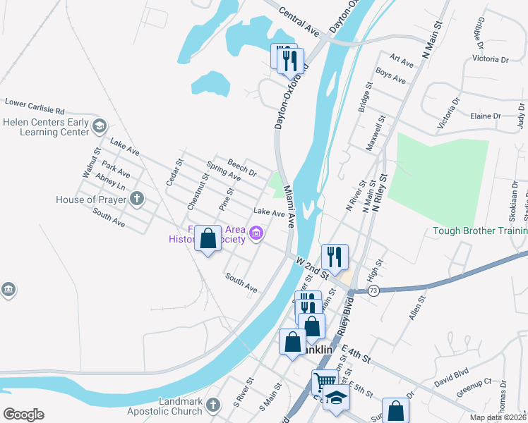map of restaurants, bars, coffee shops, grocery stores, and more near 320 Lake Avenue in Franklin