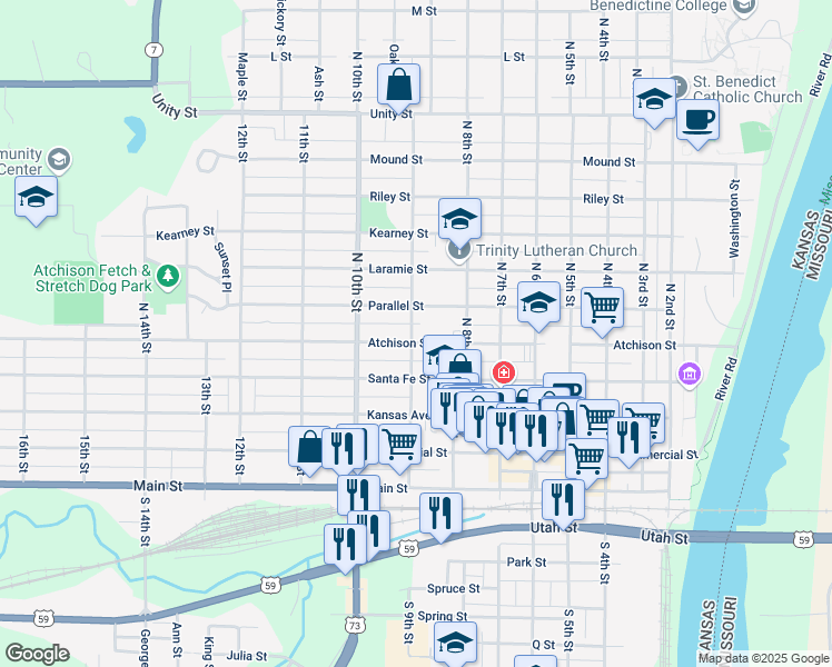 map of restaurants, bars, coffee shops, grocery stores, and more near 417 North 9th Street in Atchison