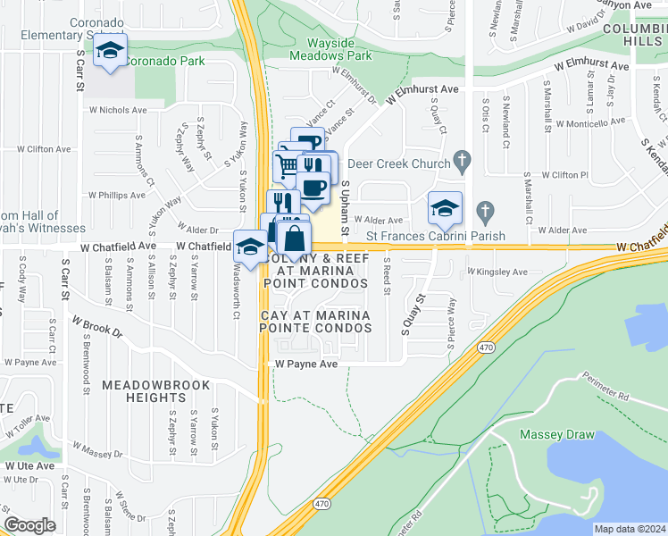 map of restaurants, bars, coffee shops, grocery stores, and more near 8321 South Upham Way in Littleton