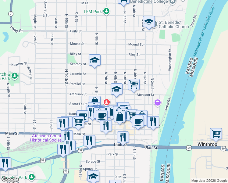 map of restaurants, bars, coffee shops, grocery stores, and more near 625 Atchison Street in Atchison