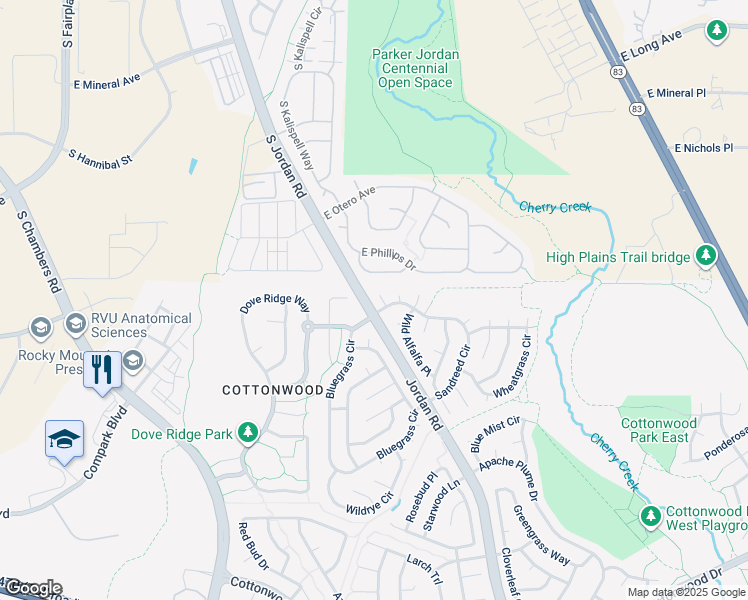 map of restaurants, bars, coffee shops, grocery stores, and more near 8329 Tumblegrass Place in Parker