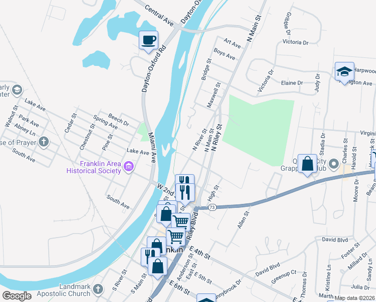 map of restaurants, bars, coffee shops, grocery stores, and more near 9 North River Street in Franklin