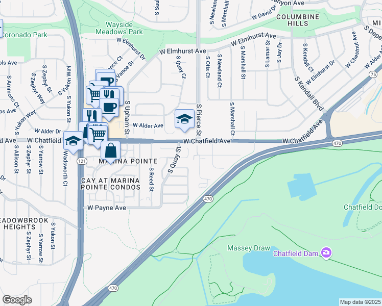 map of restaurants, bars, coffee shops, grocery stores, and more near 6818 West Chatfield Place in Littleton