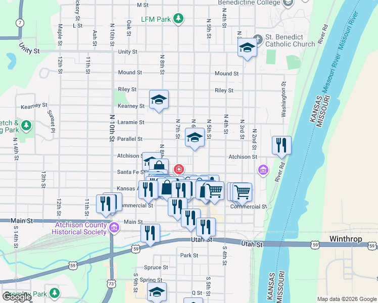 map of restaurants, bars, coffee shops, grocery stores, and more near 625 Atchison Street in Atchison