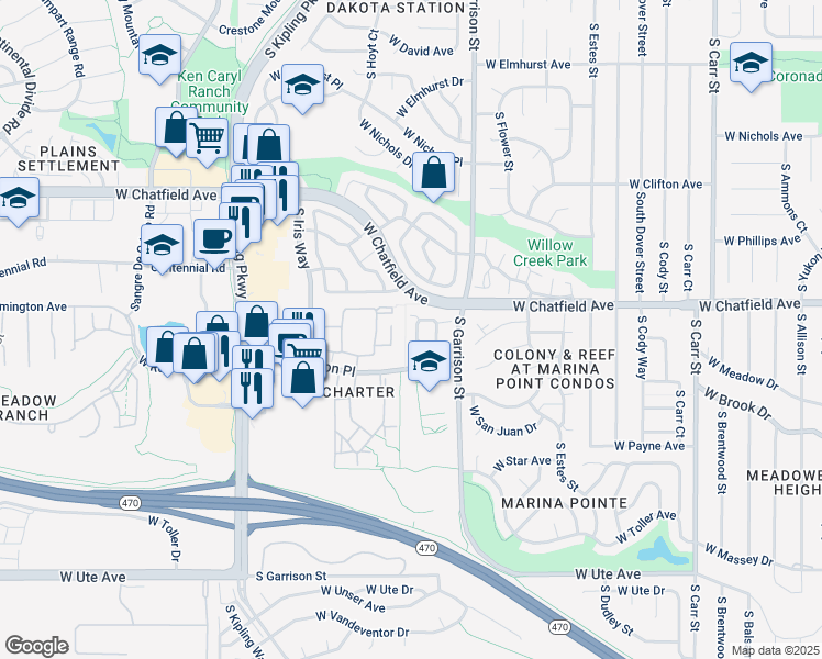 map of restaurants, bars, coffee shops, grocery stores, and more near 8335 South Garland Circle in Littleton