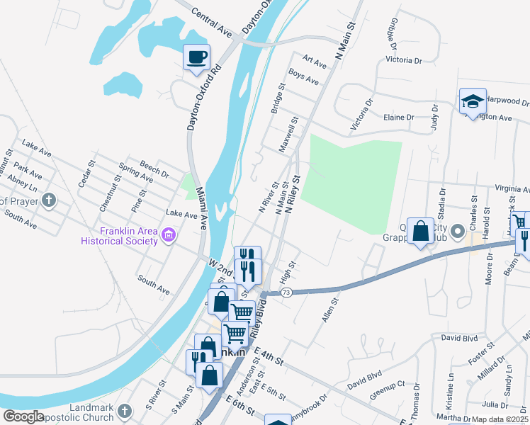 map of restaurants, bars, coffee shops, grocery stores, and more near 22 North River Street in Franklin