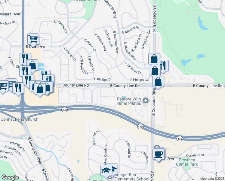 map of restaurants, bars, coffee shops, grocery stores, and more near 3530 East County Line Road in Littleton