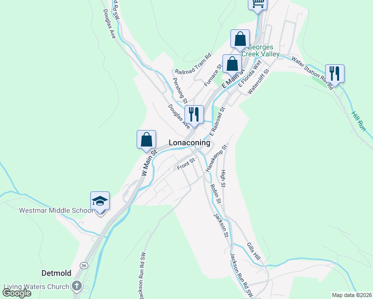 map of restaurants, bars, coffee shops, grocery stores, and more near 14 Union Street in Lonaconing