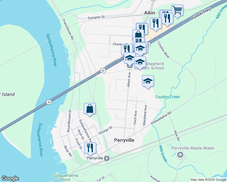 map of restaurants, bars, coffee shops, grocery stores, and more near 35 Owen Court in Perryville