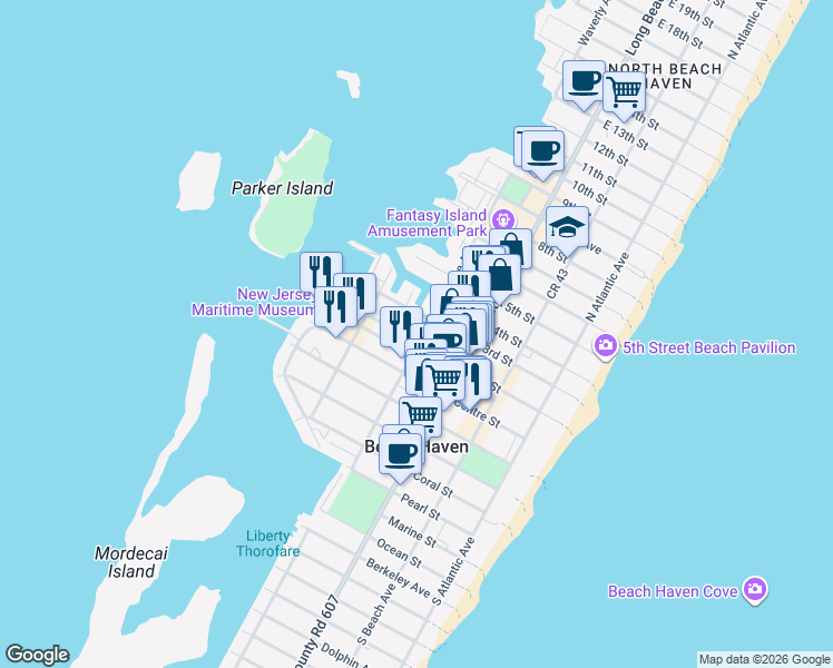 map of restaurants, bars, coffee shops, grocery stores, and more near 401 2nd Street in Beach Haven