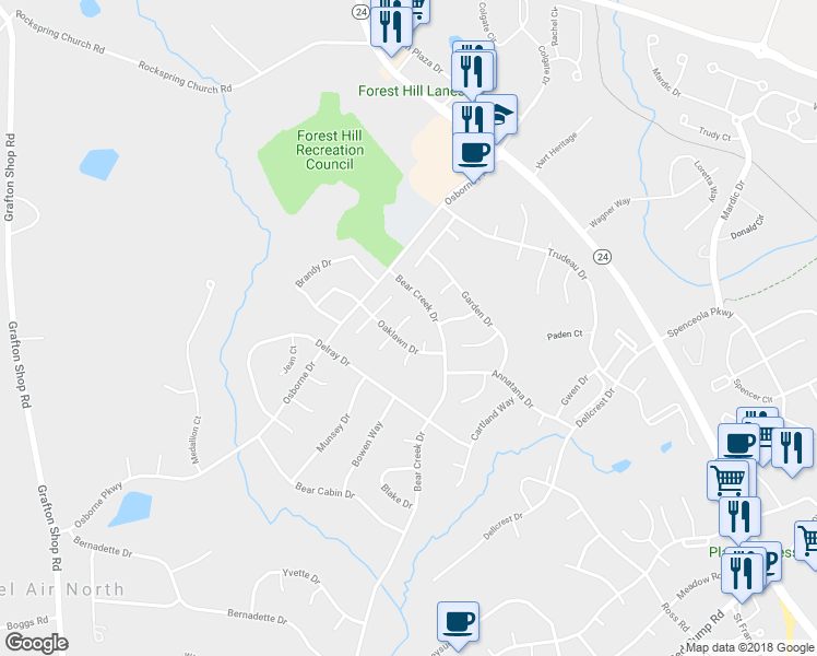 map of restaurants, bars, coffee shops, grocery stores, and more near 2003 Churchill Downs Court in Forest Hill