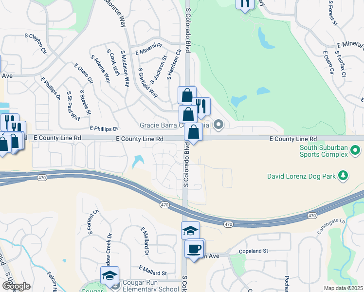 map of restaurants, bars, coffee shops, grocery stores, and more near in Highlands Ranch