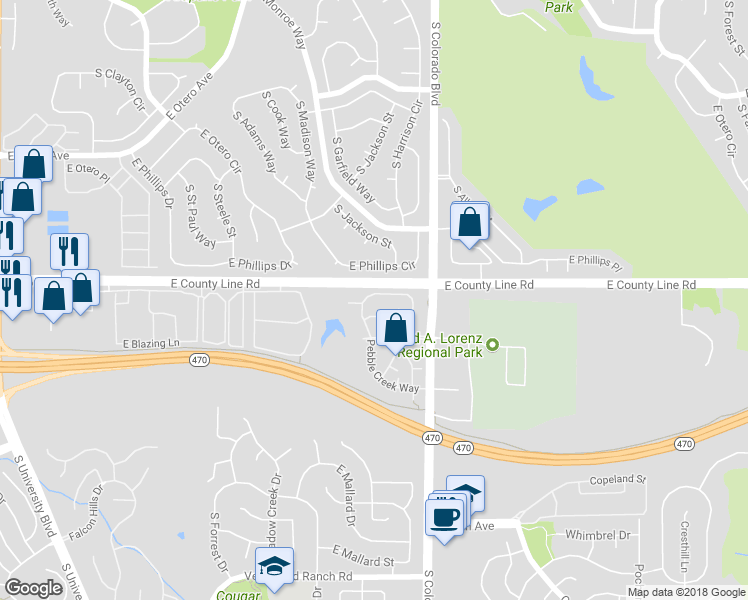 map of restaurants, bars, coffee shops, grocery stores, and more near 8358 Pebble Creek Way in Littleton