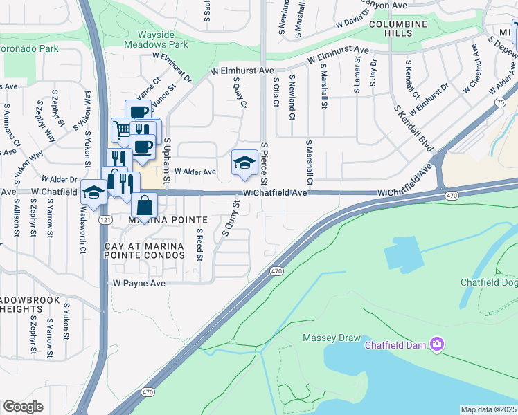 map of restaurants, bars, coffee shops, grocery stores, and more near 6818 West Chatfield Place in Littleton