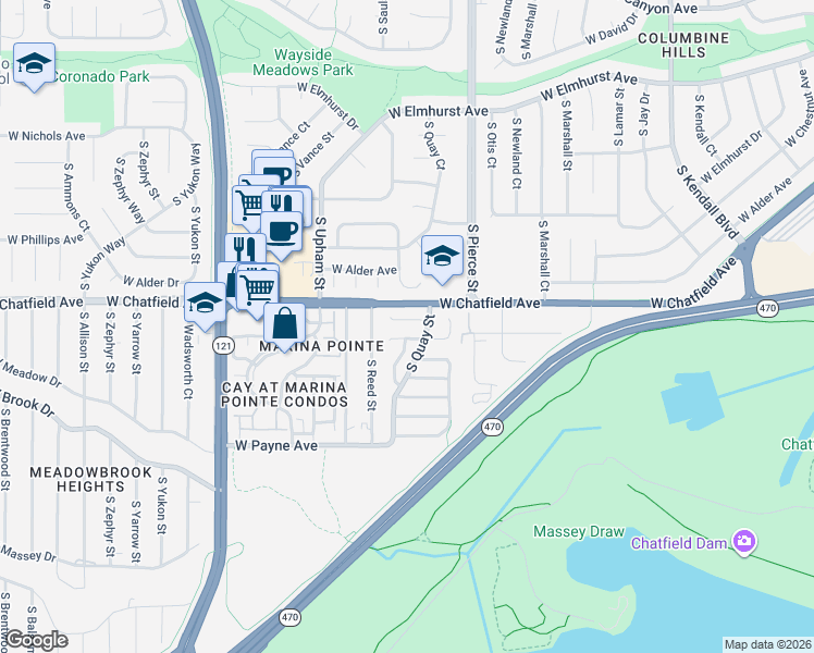 map of restaurants, bars, coffee shops, grocery stores, and more near 6912 West Chatfield Drive in Littleton