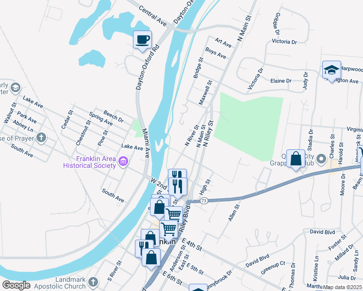 map of restaurants, bars, coffee shops, grocery stores, and more near 9 North River Street in Franklin