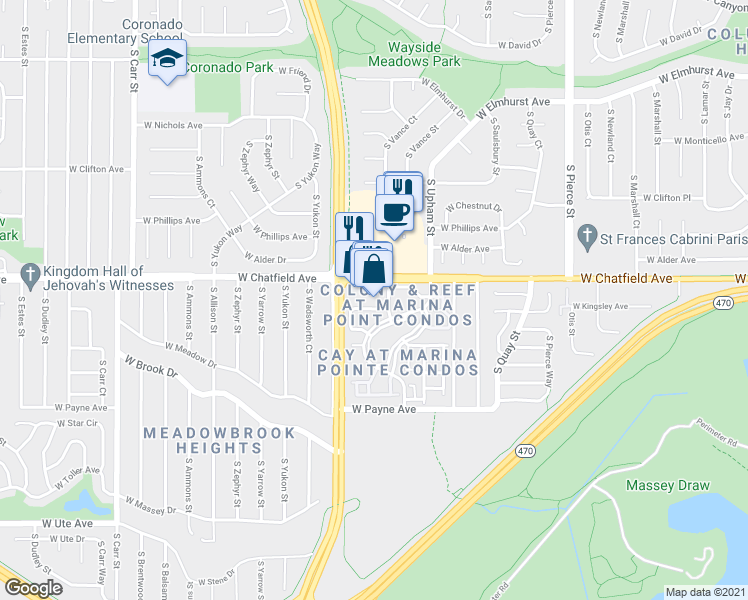 map of restaurants, bars, coffee shops, grocery stores, and more near 7444 West Chatfield Avenue in Littleton