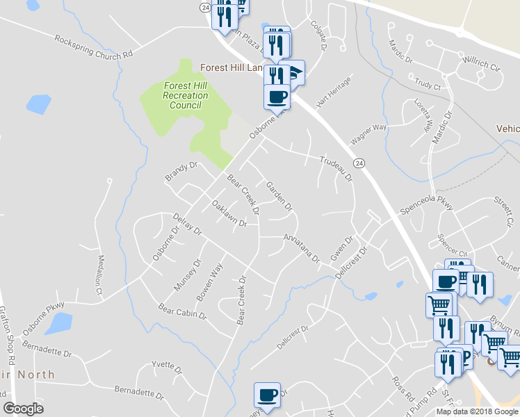 map of restaurants, bars, coffee shops, grocery stores, and more near 733 Laurel Road in Forest Hill