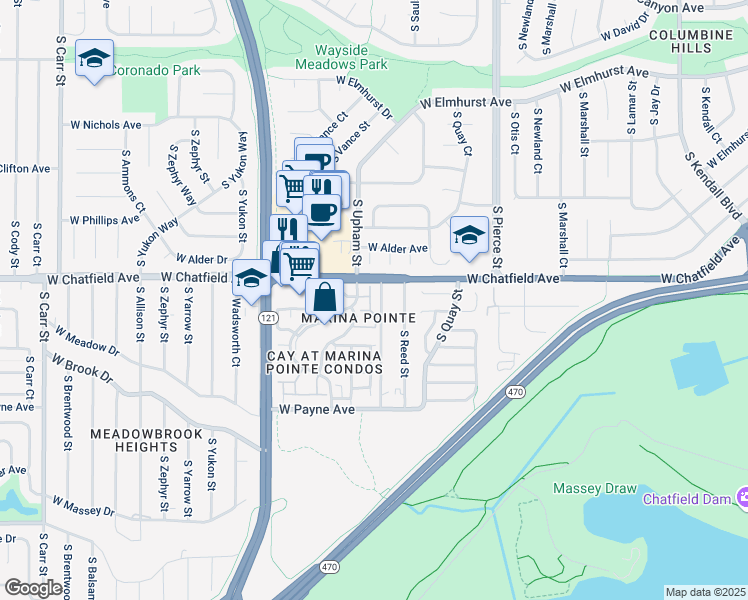 map of restaurants, bars, coffee shops, grocery stores, and more near 8318 South Upham Way in Littleton