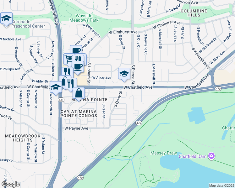 map of restaurants, bars, coffee shops, grocery stores, and more near 6912 West Chatfield Drive in Littleton