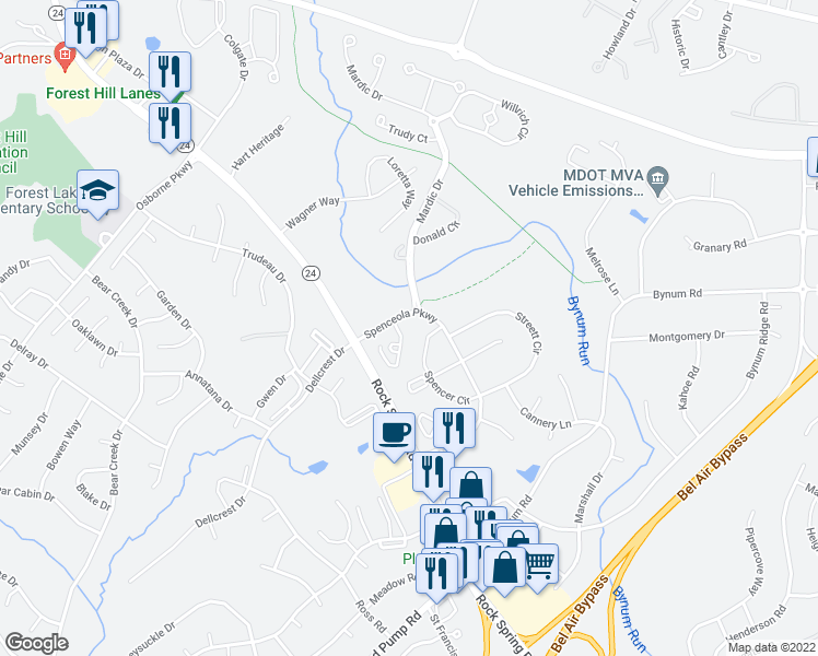map of restaurants, bars, coffee shops, grocery stores, and more near 1723 Chrisara Court in Forest Hill
