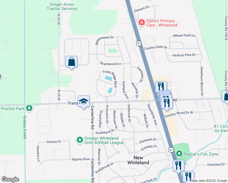 map of restaurants, bars, coffee shops, grocery stores, and more near 151 Tracy Ridge Blvd in Whiteland