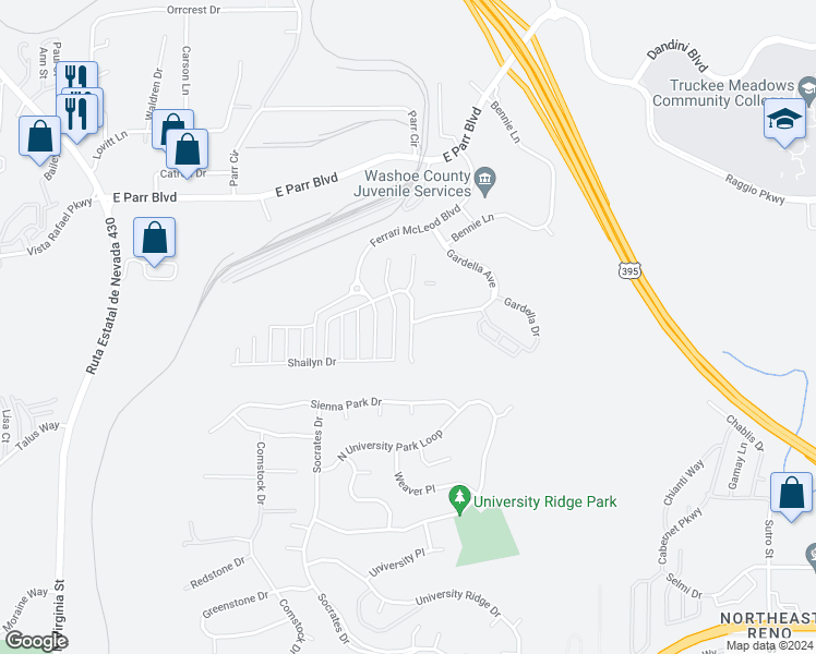 map of restaurants, bars, coffee shops, grocery stores, and more near 3695 Coastal Street in Reno