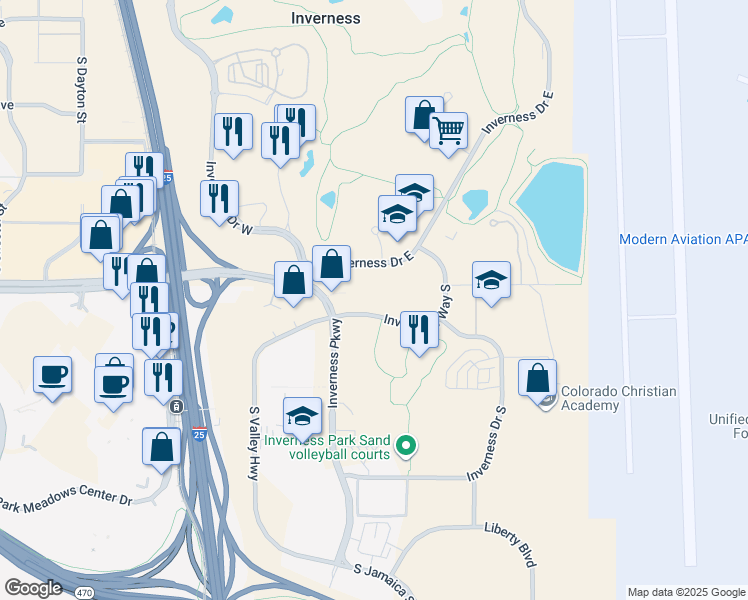 map of restaurants, bars, coffee shops, grocery stores, and more near 307 Inverness Way South in Englewood