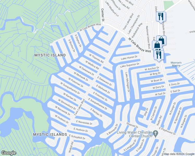map of restaurants, bars, coffee shops, grocery stores, and more near 102 East Delaware Drive in Ocean County