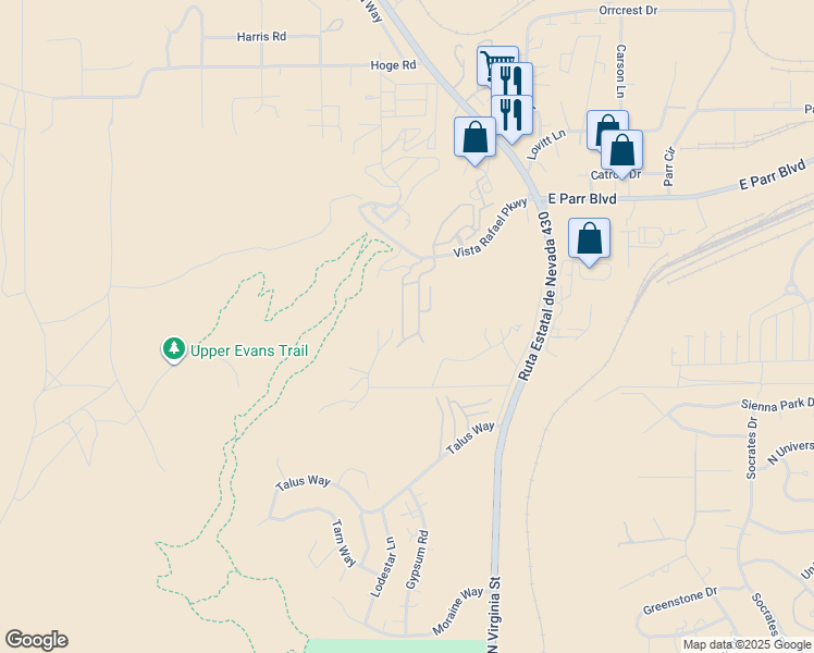 map of restaurants, bars, coffee shops, grocery stores, and more near 4110 Amber Marie Lane in Reno