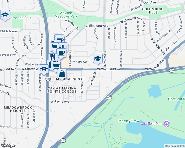 map of restaurants, bars, coffee shops, grocery stores, and more near 6912 West Chatfield Drive in Littleton