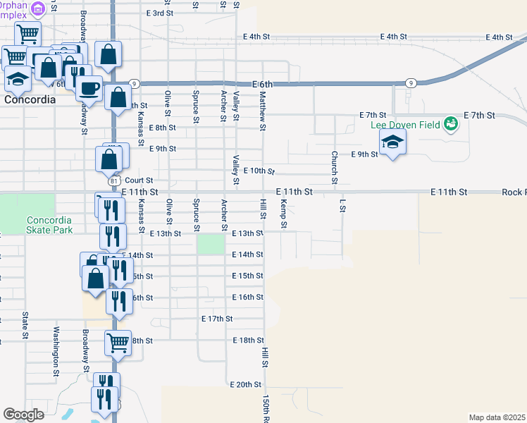 map of restaurants, bars, coffee shops, grocery stores, and more near 722 E 12th St in Concordia