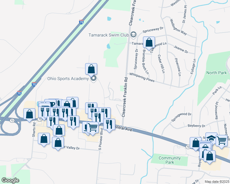 map of restaurants, bars, coffee shops, grocery stores, and more near 4380 Woodhill Drive in Springboro