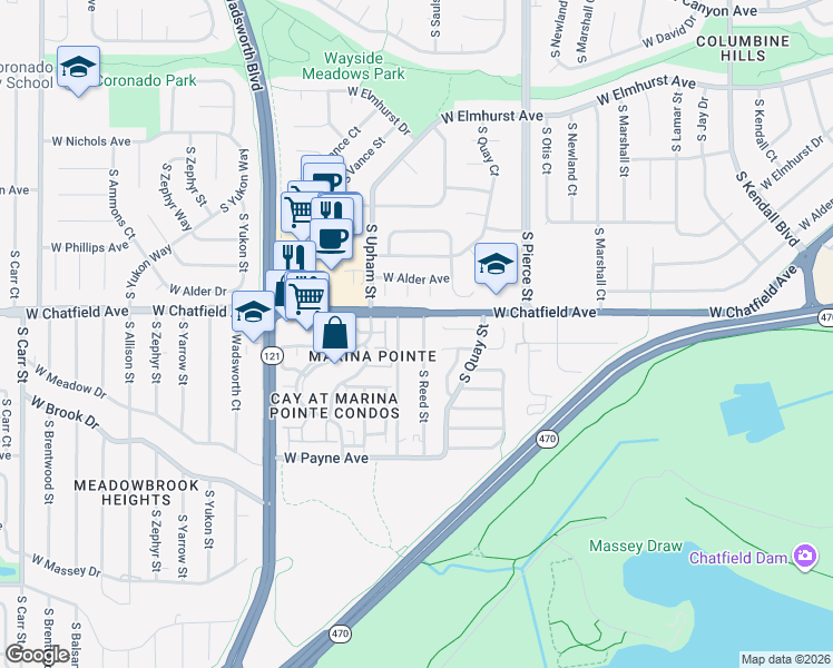 map of restaurants, bars, coffee shops, grocery stores, and more near 8326 South Reed Street in Littleton