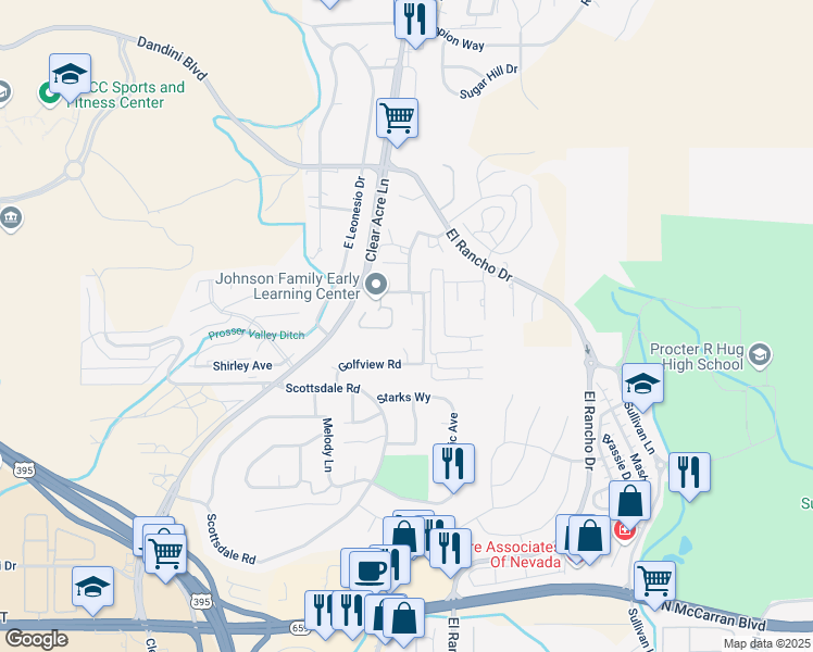 map of restaurants, bars, coffee shops, grocery stores, and more near 3937 Clear Acre Lane in Reno