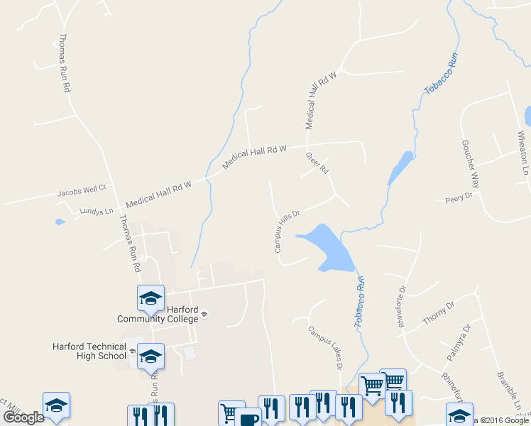 map of restaurants, bars, coffee shops, grocery stores, and more near 402 Sophomore Court in Bel Air