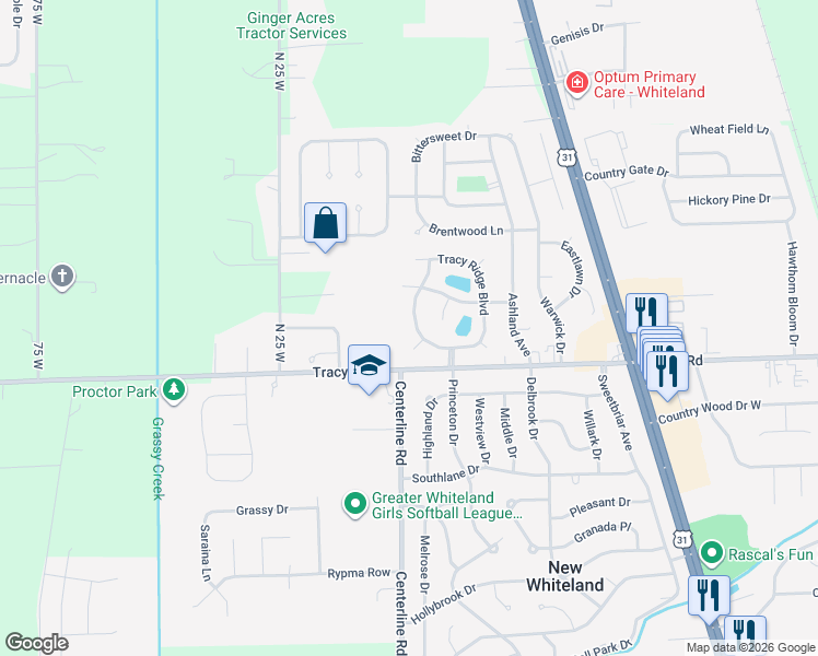 map of restaurants, bars, coffee shops, grocery stores, and more near 122 Tracy Ridge Boulevard in Whiteland