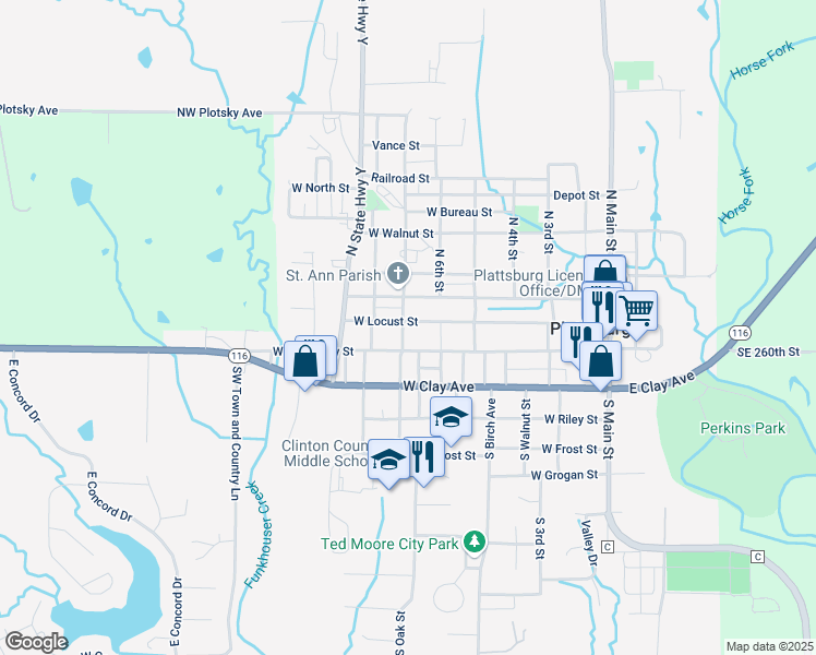 map of restaurants, bars, coffee shops, grocery stores, and more near 615 West Locust Street in Plattsburg