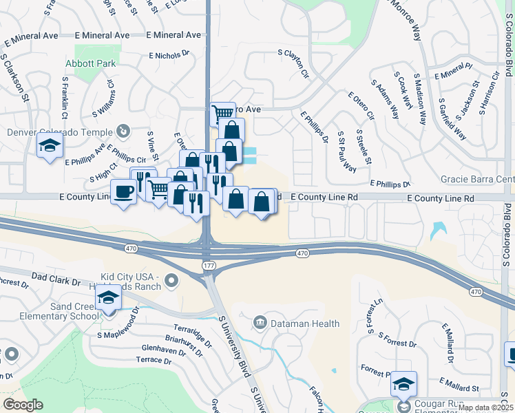 map of restaurants, bars, coffee shops, grocery stores, and more near 2660 East County Line Road in Highlands Ranch