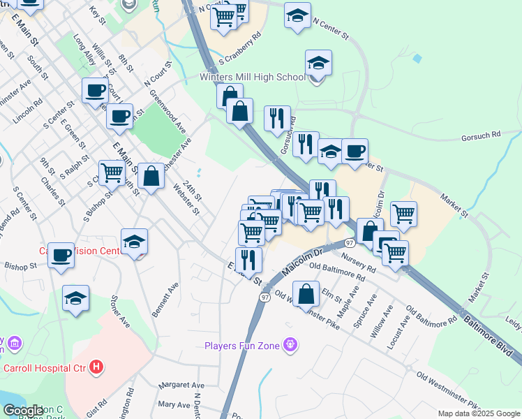 map of restaurants, bars, coffee shops, grocery stores, and more near 505 Jermor Lane in Westminster