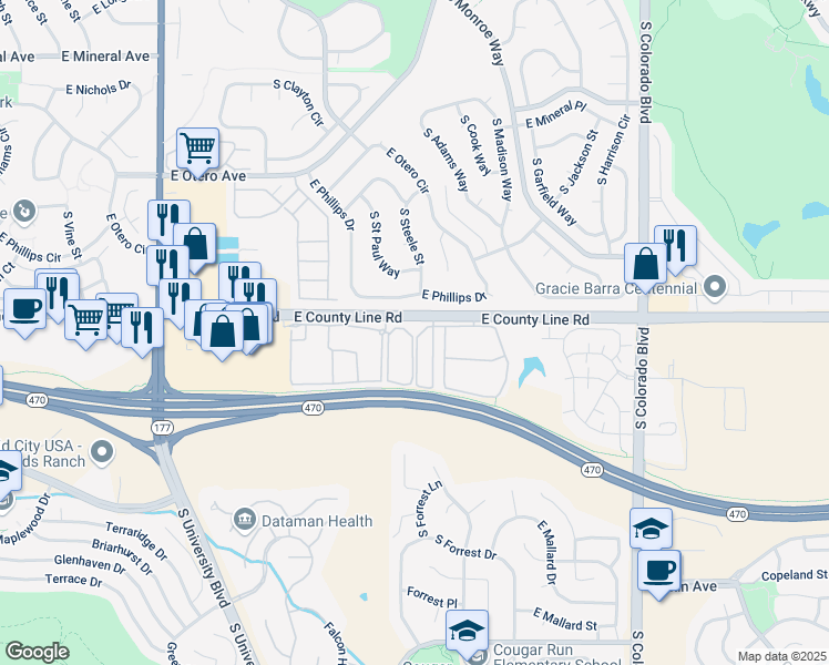 map of restaurants, bars, coffee shops, grocery stores, and more near 8415 Stonybridge Circle in Littleton