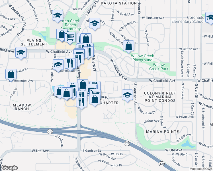 map of restaurants, bars, coffee shops, grocery stores, and more near 9622 West Coco Circle in Littleton
